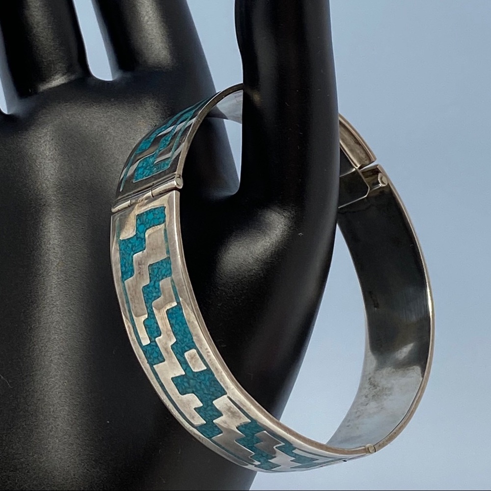 Vintage Mexican 925 and Turquoise Hinged Bracelet